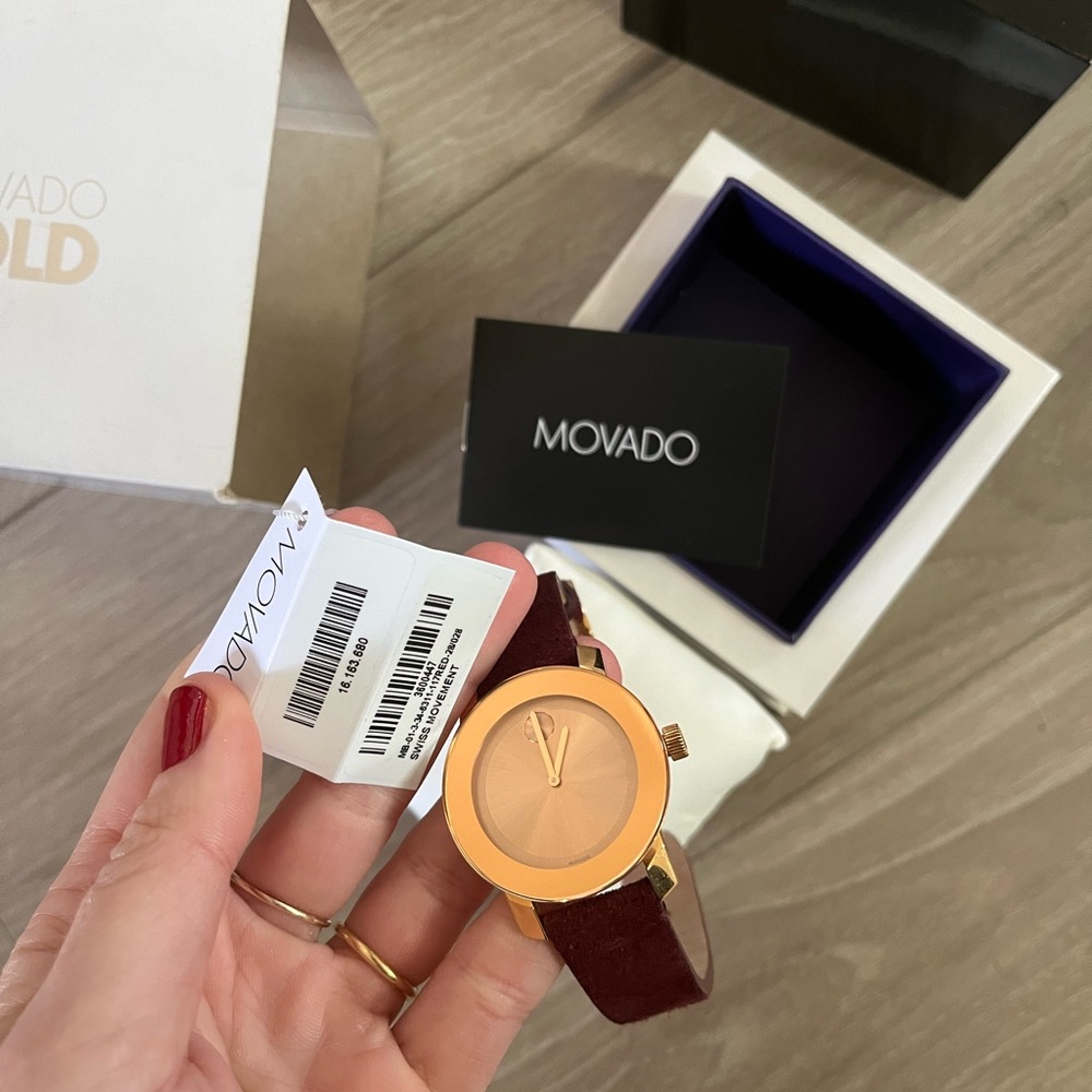 Rose Gold Movado Watch: Bold Iconic Suede Strap Watch, 36mm In Burgundy - Picture 6 of 8